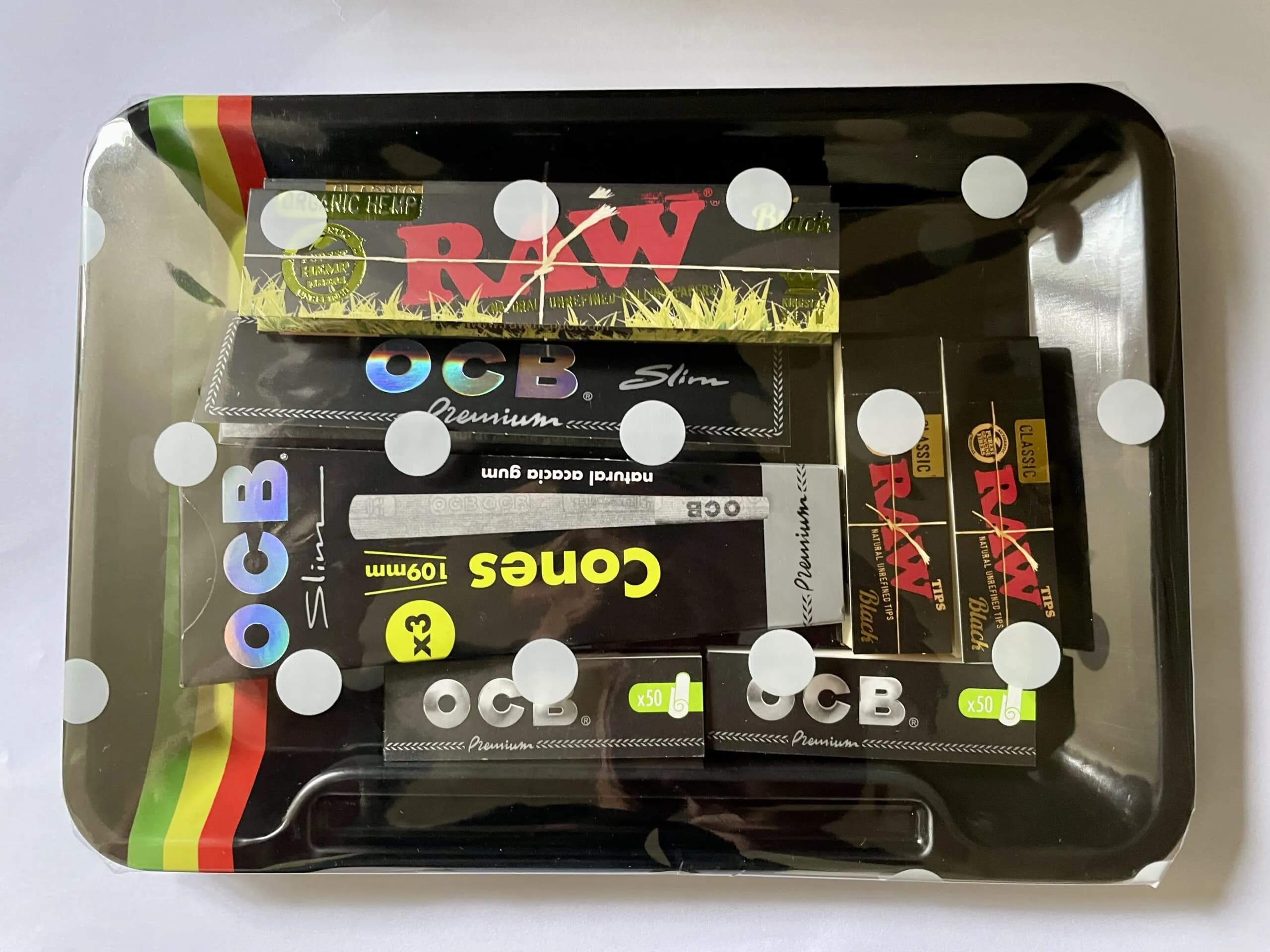 Black Rolling Tray Gift Set - Papers, Tips, Cones - Raw and OCB - Kingsize