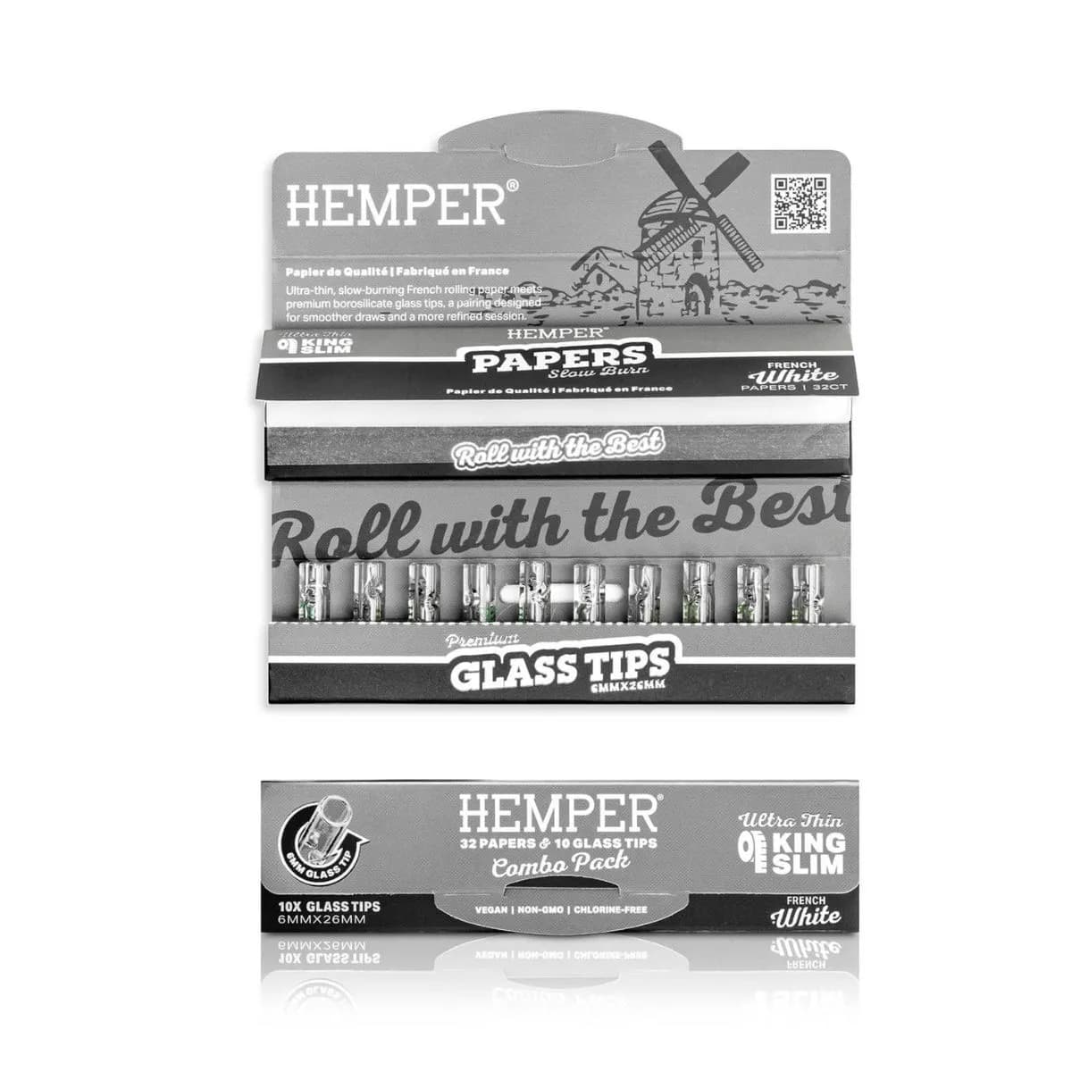 Hemper King Size Classic White Rolling Papers & 6mm Glass Filter Tip Set