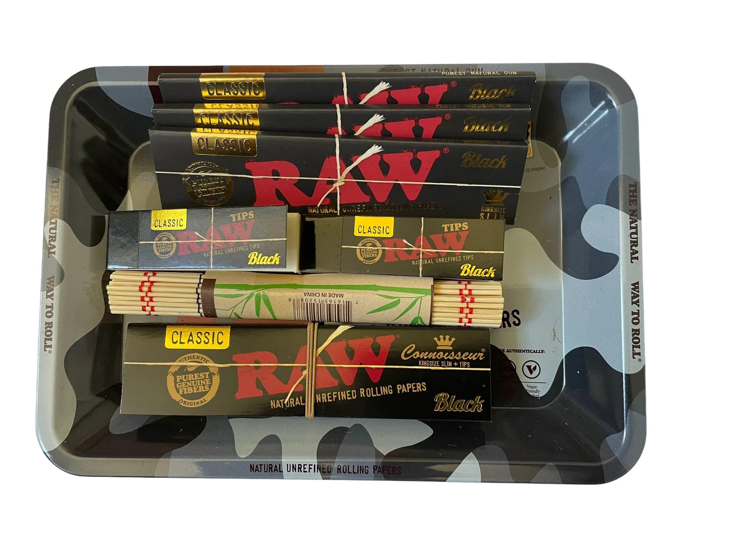 RAW Black Camouflage Rolling Tray Gift Set Kit - Paper - Tips & Mat