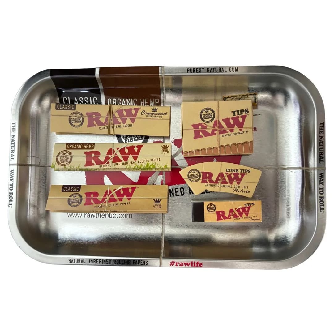 RAW Silver Medium Rolling Tray Set - With Papers & Tips
