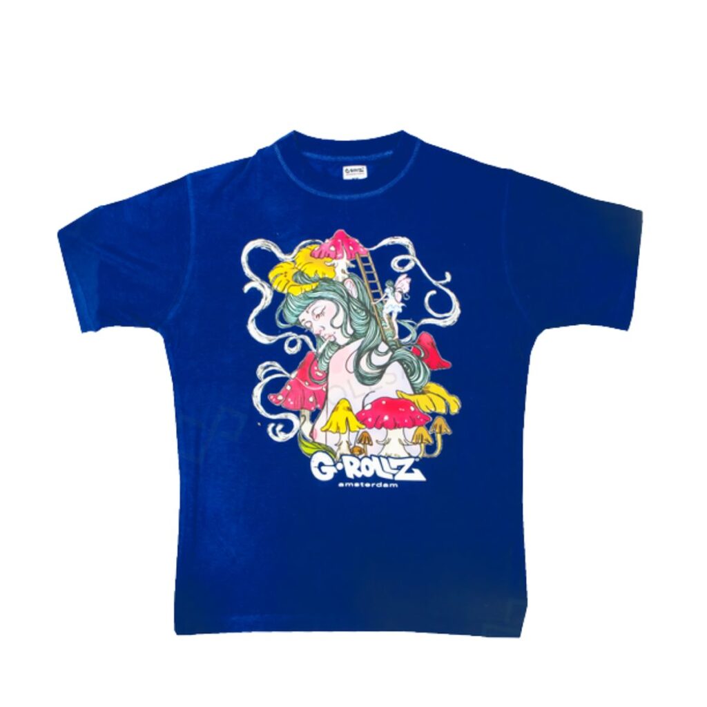 G-Rollz Mushroom Lady Blue T-Shirt front view featuring colorful mushroom lady graphic