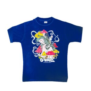 G-Rollz Mushroom Lady Blue T-Shirt front view featuring colorful mushroom lady graphic