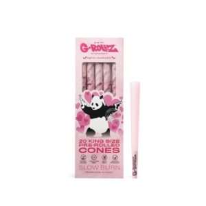 Ready-to-fill G-Rollz pink pre-rolled cones with the included wooden poker tool.