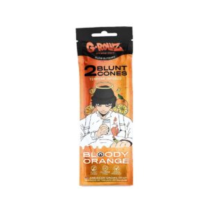 Individual resealable pack of G-Rollz Bloody Orange hemp cones with two pre-rolls