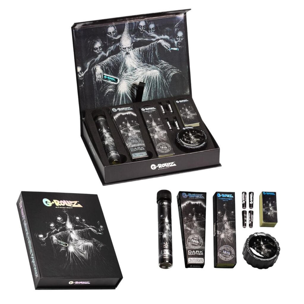 G-Rollz Dark Matter Gift Box XS containing cones, papers, filters, and grinder.
