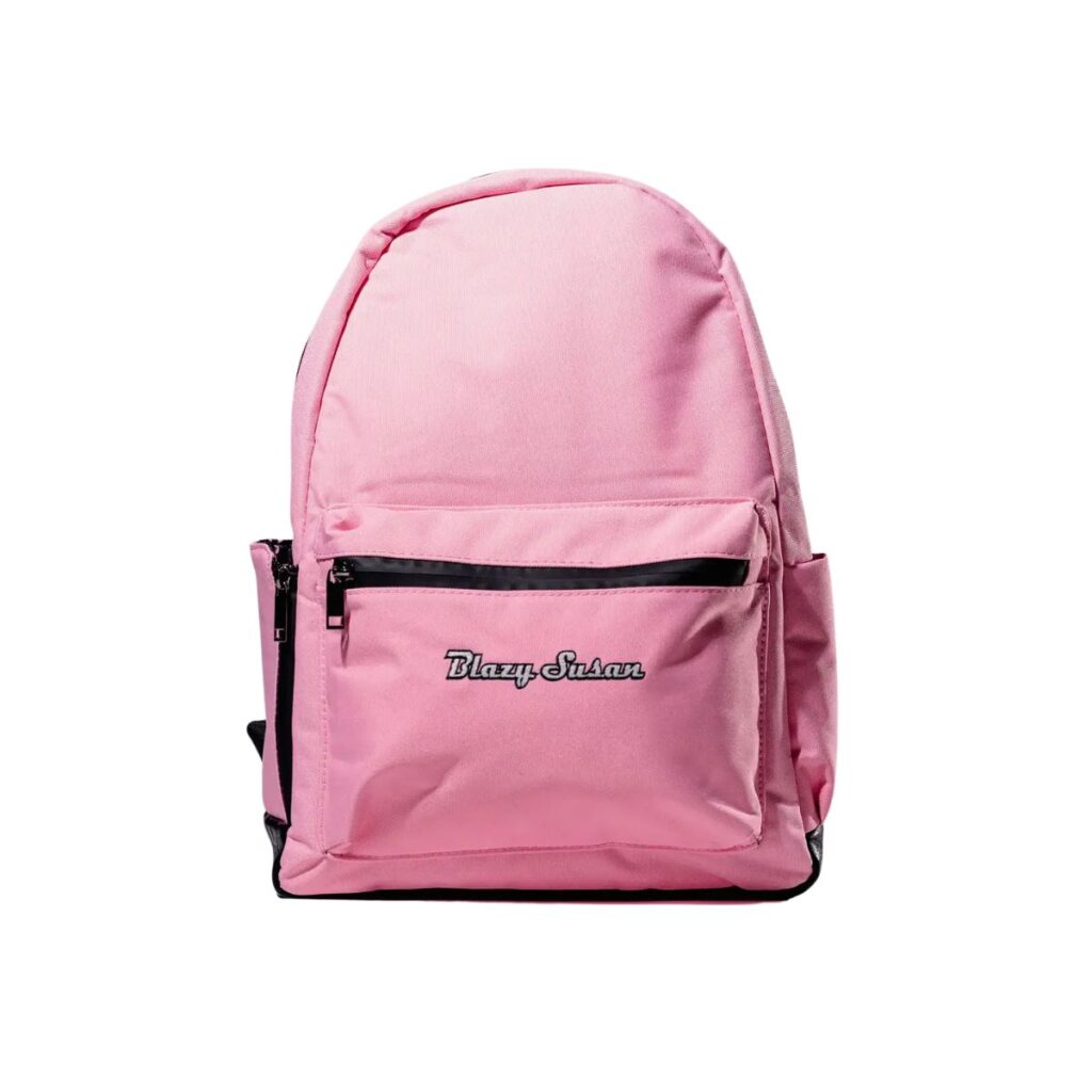A full front-facing shot of the Blazy Susan Pink Backpack, showcasing the vibrant pink fabric and the large white logo on the front pocket.