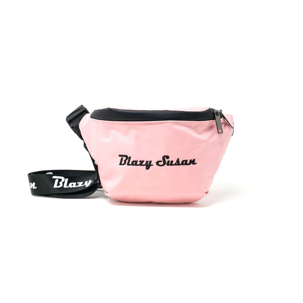 Front-facing shot of the Blazy Susan Fanny Pack in signature pink, showing the main zipper and the white branded logo centered on the front.