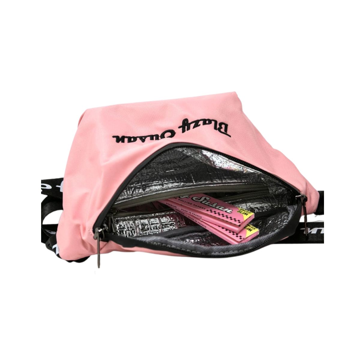 The rear of the fanny pack highlighting the discreet hidden zipper pocket designed for passports or cash.