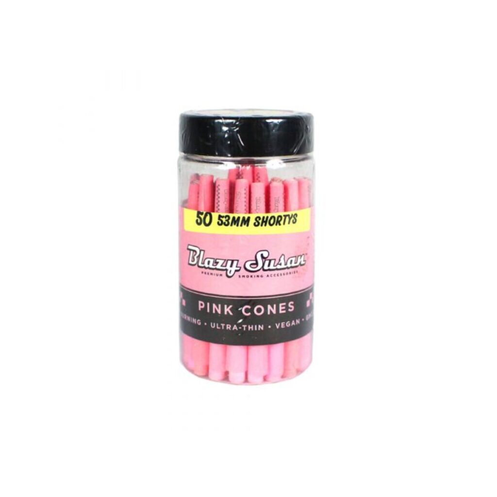 A clear storage jar filled with 50 Blazy Susan Pink Shorty Pre-Rolled Cones, featuring the recognizable pink and white branding.