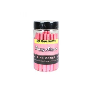 A clear storage jar filled with 50 Blazy Susan Pink Shorty Pre-Rolled Cones, featuring the recognizable pink and white branding.