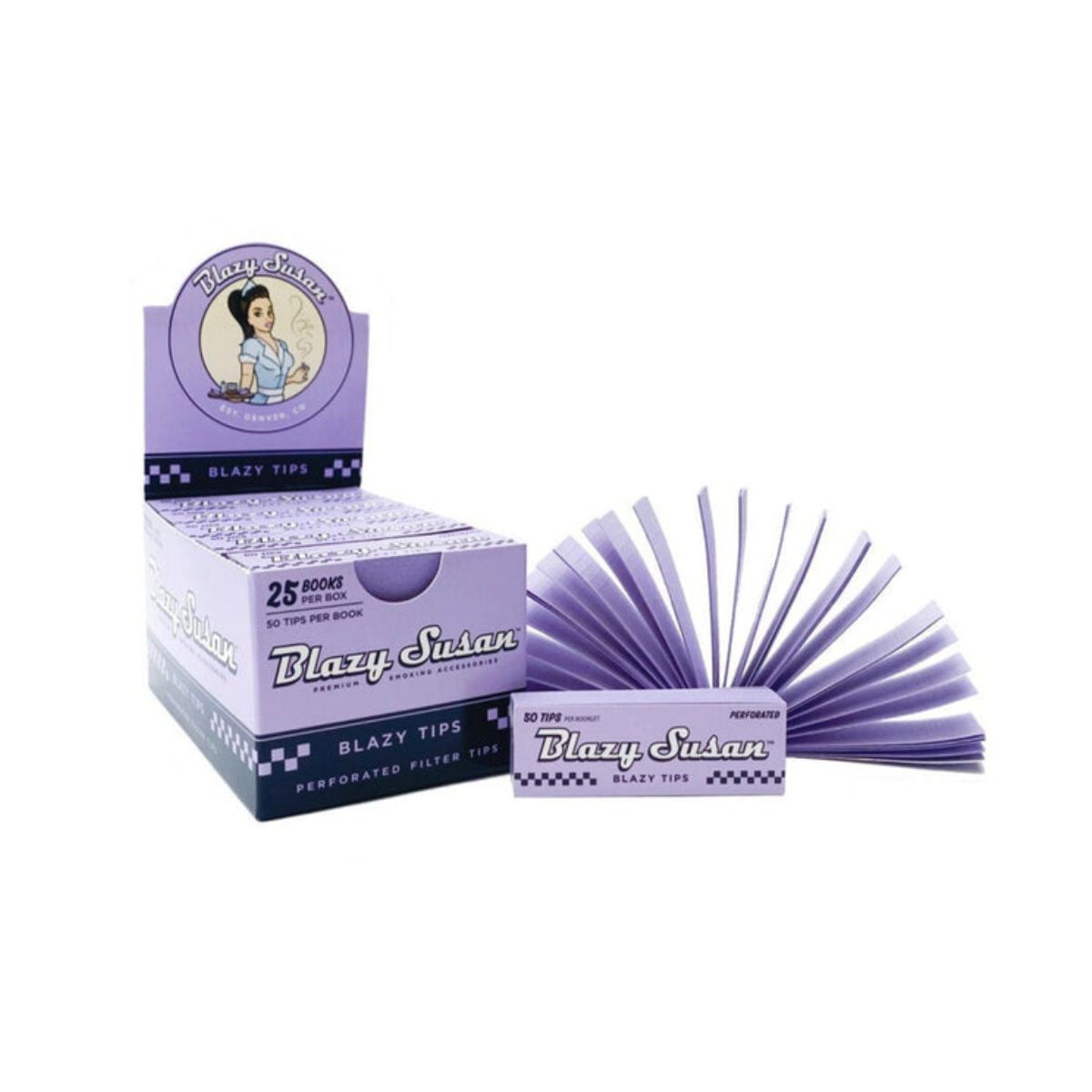 Close-up of a single Blazy Susan Purple Filter Tip booklet, highlighting the logo and the stack of 50 purple paper tips.