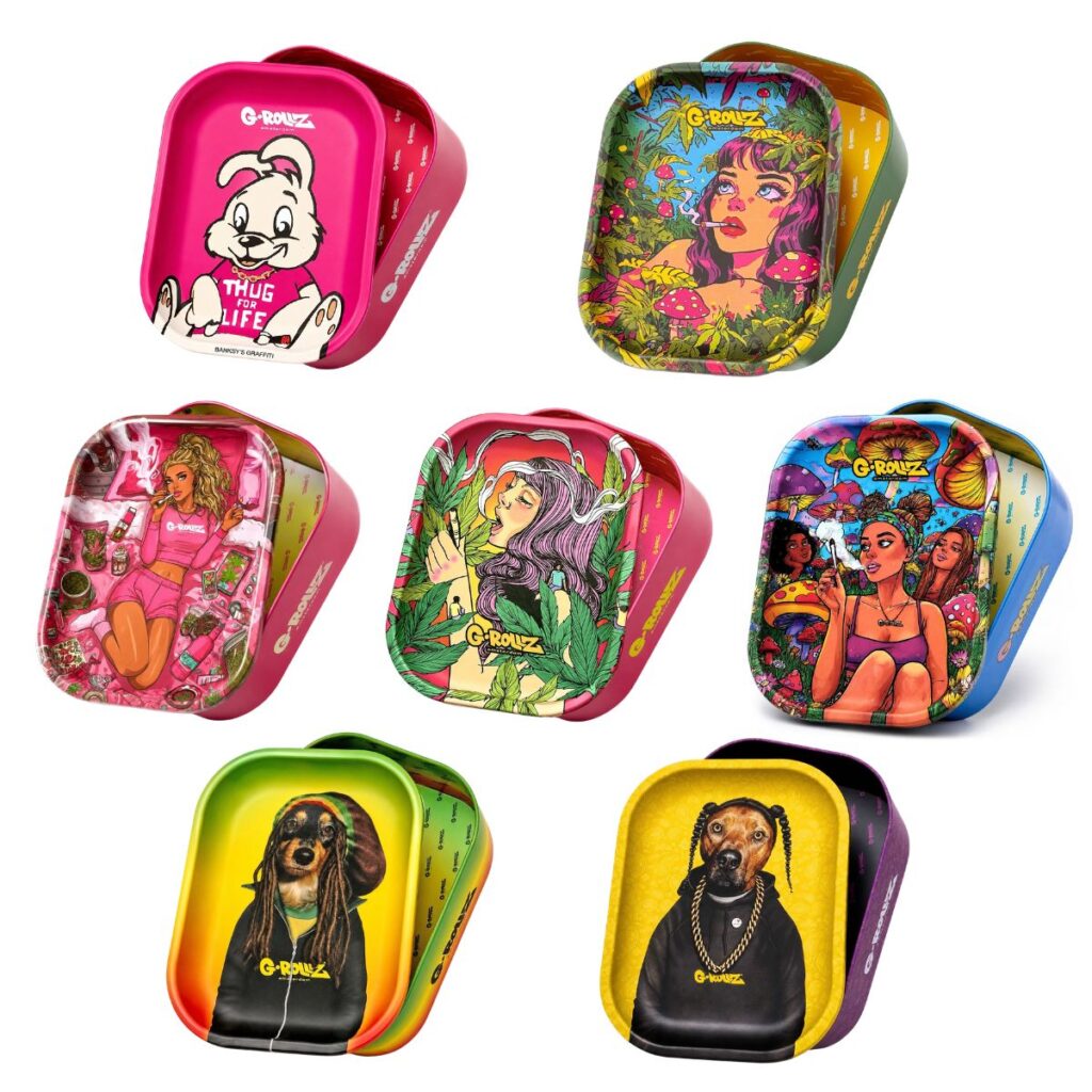 Yellow and purple G-Rollz rolling tray tin in 7 amazin designs