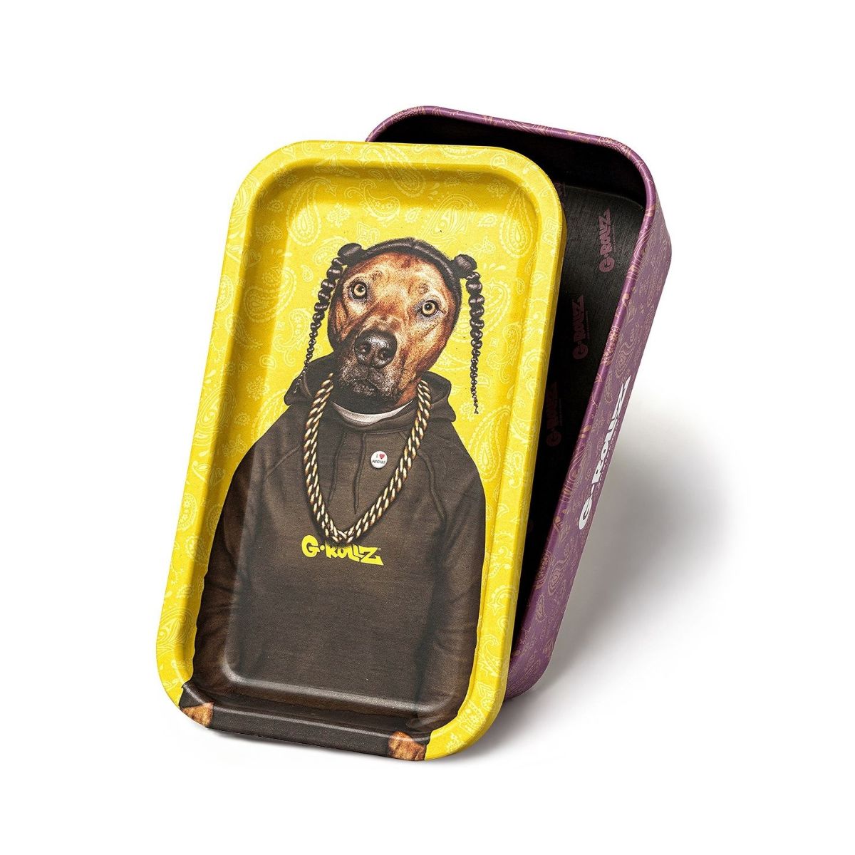 Yellow and purple G-Rollz mini travel storage tin featuring a dog with a chain graphic