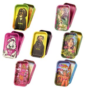 Yellow and purple G-Rollz mini travel storage tin in 7 amazing designs