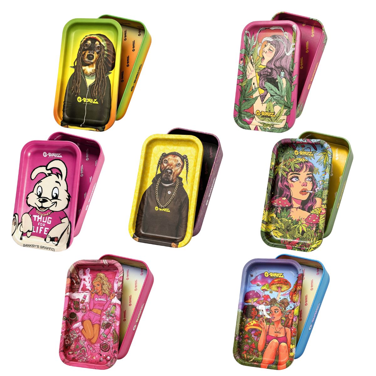 Yellow and purple G-Rollz mini travel storage tin in 7 amazing designs