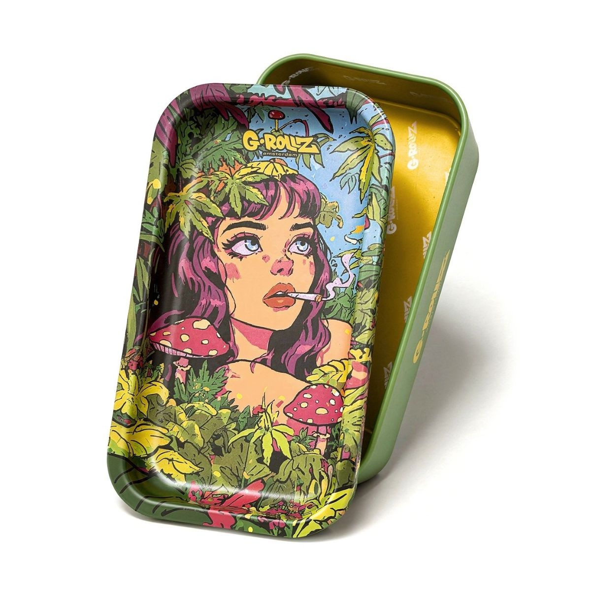Compact G-Rollz metal stash tin featuring the Green Girl illustrated design