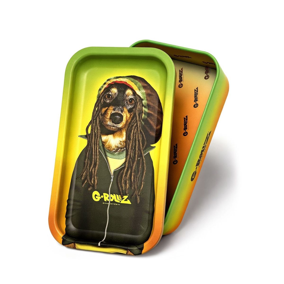 Rasta dog character artwork on a G-Rollz mini stash box with rolling tray lid