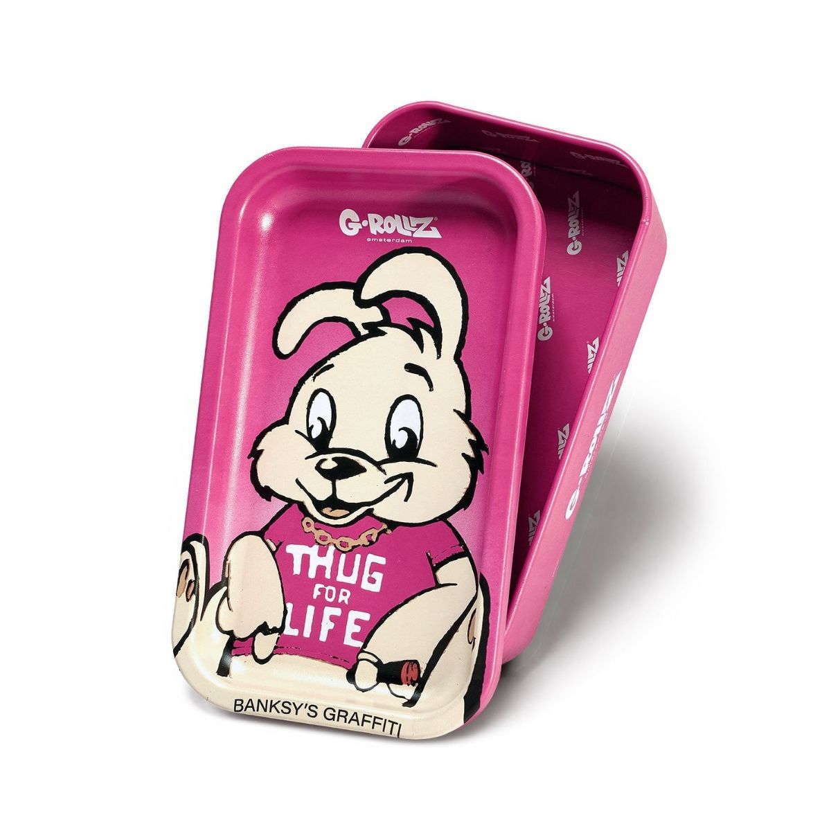 G-Rollz Thug for Life artwork on a small pink stash tin and tray
