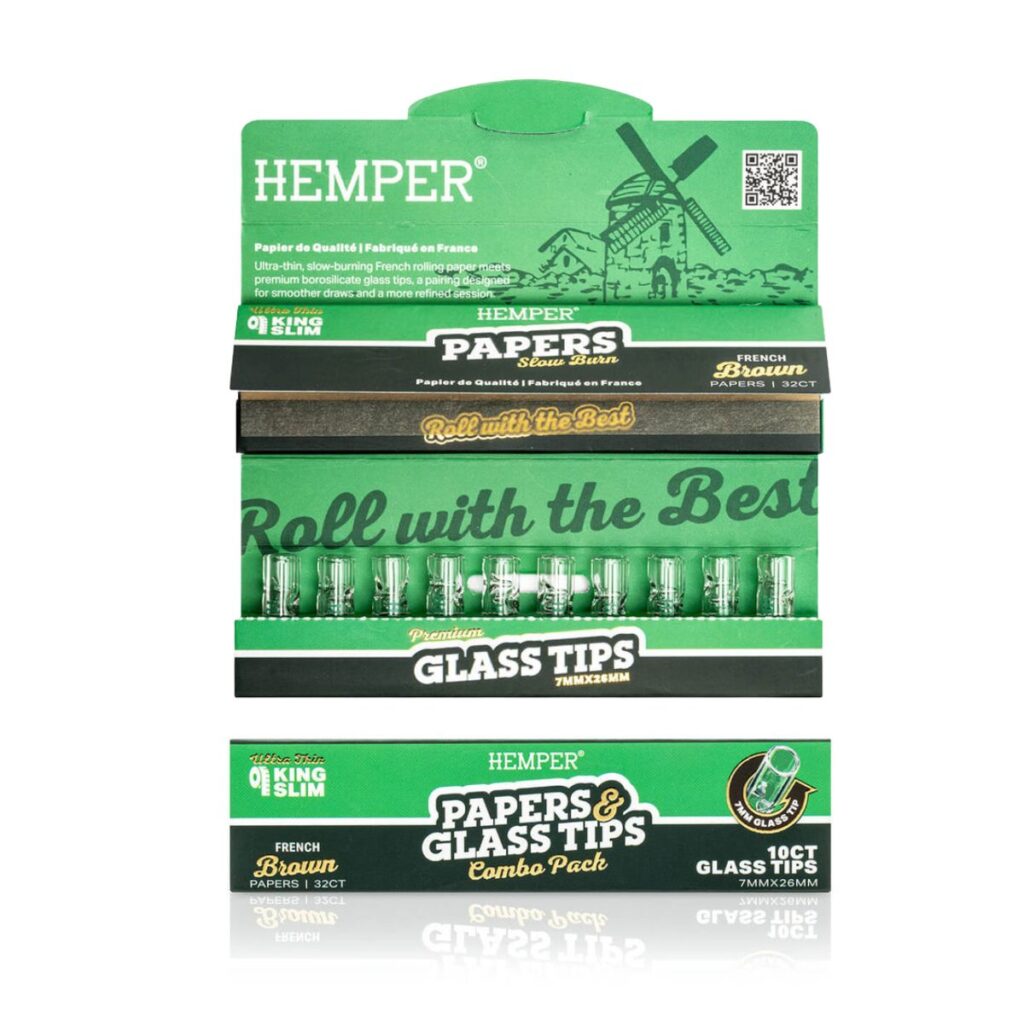Hemper King Size Natural Brown rolling paper booklet featuring 10 7mm glass filter tip.