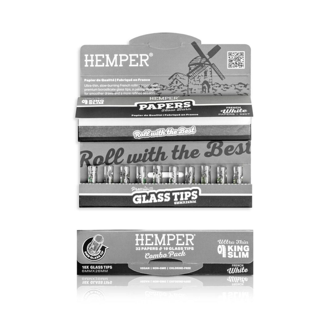 King Size Slim white rolling papers paired with 10 premium 6mm glass filter.