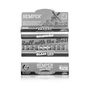 King Size Slim white rolling papers paired with 10 premium 6mm glass filter.