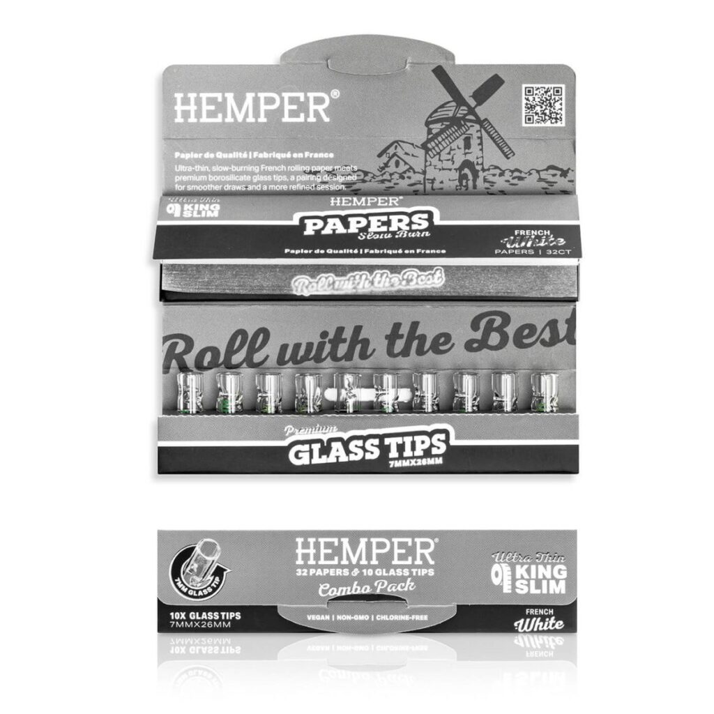 A King Size Slim white rolling paper paired with 10 premium 7mm glass filter for a smooth draw.