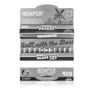 A King Size Slim white rolling paper paired with 10 premium 7mm glass filter for a smooth draw.