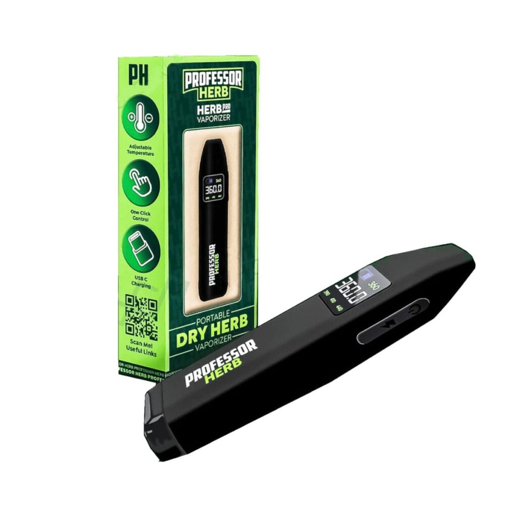 Close-up shot of a single Herb-Pro vaporizer showing the sleek matte finish and the single-button control interface.