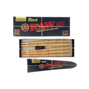 Box of RAW Black 1 1/4 size ultra-thin pre-rolled cones containing 20 pieces