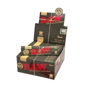 Full factory-sealed retail display box of 50 RAW Black King Size Slim booklets.
