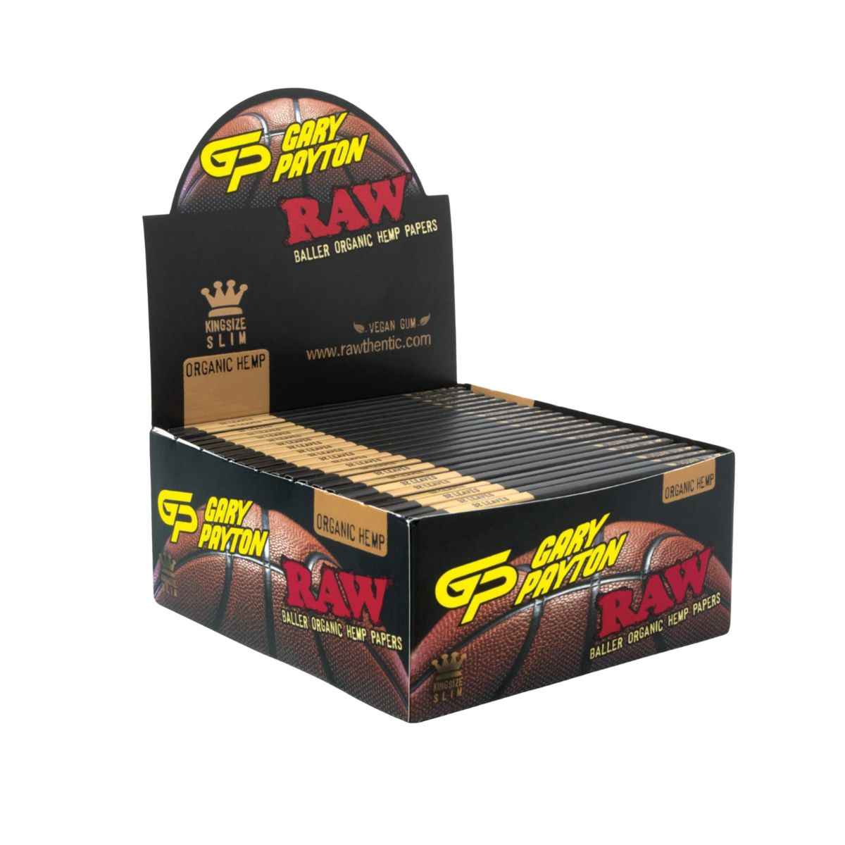 Open packaging of RAW Gary Payton Organic Hemp King Size Slim rolling papers showing the natural vegan gumline.