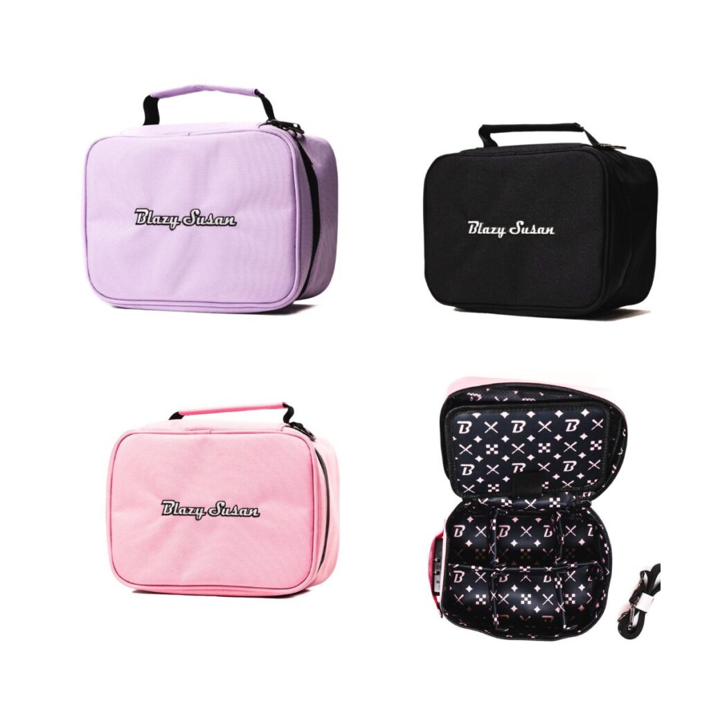 Blazy Susan pink stash bag open and organized with rolling accessories and glass.