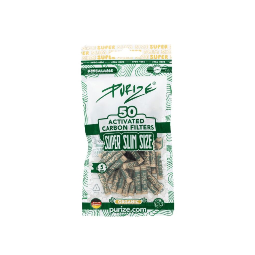 Pack of 50 Purize Organic Super Slim activated charcoal smoking filters in a brown, eco-friendly resealable bag showcasing the unbleached natural tips with dual ceramic caps.
